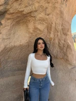 Beyaz Kare Yaka Çift Kat Crop