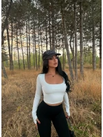 Beyaz Kare Yaka Çift Kat Crop