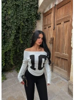 Beyaz Kayık Yaka Baskılı Bluz