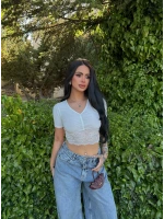 Beyaz Ön Büzgülü Güpürlü Crop