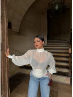 Beyaz Sırt Degaje Tül Şifon Bodysuit