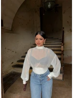 Beyaz Sırt Degaje Tül Şifon Bodysuit
