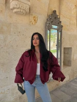 Bordo Balon Kol Süet Bomber Ceket
