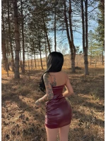 Bordo Berry Askılı Deri Elbise