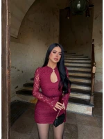 Bordo Damla Yaka Dantel Detay Elbise