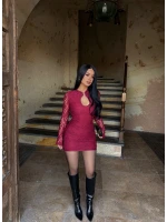 Bordo Damla Yaka Dantel Detay Elbise