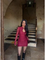 Bordo Damla Yaka Dantel Detay Elbise