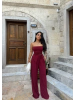 Bordo Eva Yan Büzgülü Straplez Takım
