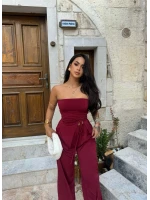 Bordo Eva Yan Büzgülü Straplez Takım