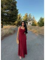 Bordo Kare Yaka Maxi Elbise