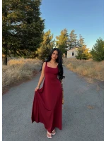 Bordo Kare Yaka Maxi Elbise