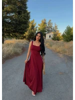 Bordo Kare Yaka Maxi Elbise