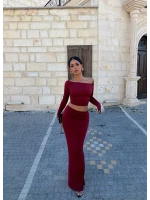 Bordo Kayık Yaka Etekli Takım