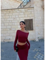 Bordo Kayık Yaka Etekli Takım