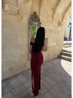 Bordo Kayık Yaka Maxi Elbise