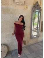 Bordo Kayık Yaka Maxi Elbise
