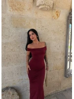 Bordo Kayık Yaka Maxi Elbise