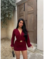 Bordo Kruvaze Tokalı Elbise