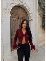 Bordo Kürk Detaylı Triko Hırka