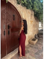 Bordo Omuz Tokalı Tek Yırtmaçlı Elbise