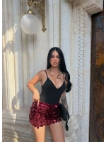 Bordo Payetli Mini Etek
