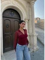 Bordo Polo Yaka Crop Gömlek