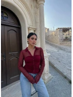 Bordo Polo Yaka Crop Gömlek