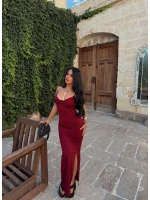 Bordo Sırt Çapraz Degaje Elbise