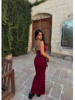 Bordo Sırt Çapraz Degaje Elbise