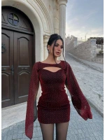 Bordo Taş İşlemeli Pencere Yaka Elbise