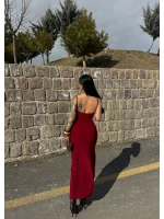 Bordo Yırtmaçlı Degaje Yaka Elbise