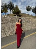 Bordo Yırtmaçlı Degaje Yaka Elbise