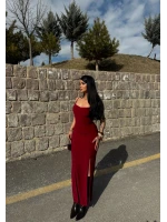Bordo Yırtmaçlı Degaje Yaka Elbise