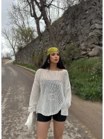 Ekru Kayık Yaka Oversize Triko