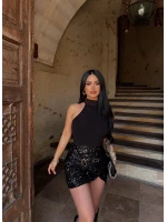 Eteği Payetli Dik Yaka Elbise