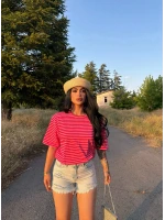 Fuşya Çizgili Oversize Tişört