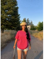 Fuşya Çizgili Oversize Tişört