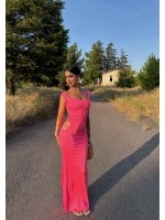 Fuşya Yan Pencereli Kayık Yaka Elbise