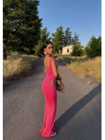 Fuşya Yan Pencereli Kayık Yaka Elbise