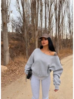 Gri Kayık Yaka Şardonlu Sweat