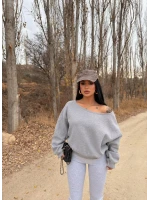 Gri Kayık Yaka Şardonlu Sweat