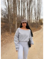 Gri Kayık Yaka Şardonlu Sweat