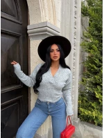 Gri Kruvaze Crop Triko Kazak