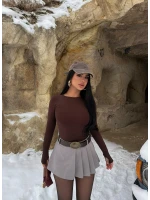 Gri Pileli Viskon Şort Etek