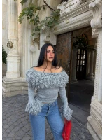 Gri Püsküllü Crop Kazak