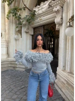 Gri Püsküllü Crop Kazak