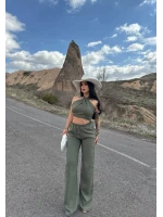 Haki Elina Yaka Çapraz Keten Takım