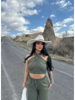 Haki Elina Yaka Çapraz Keten Takım
