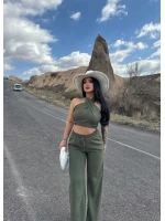 Haki Elina Yaka Çapraz Keten Takım