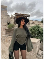 Haki Kolları Volanlı Korse Sweat